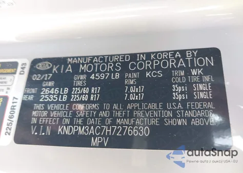 2017 Kia Sportage Lx z USA, uszkodzony, nr VIN KNDPM3AC7H7276630